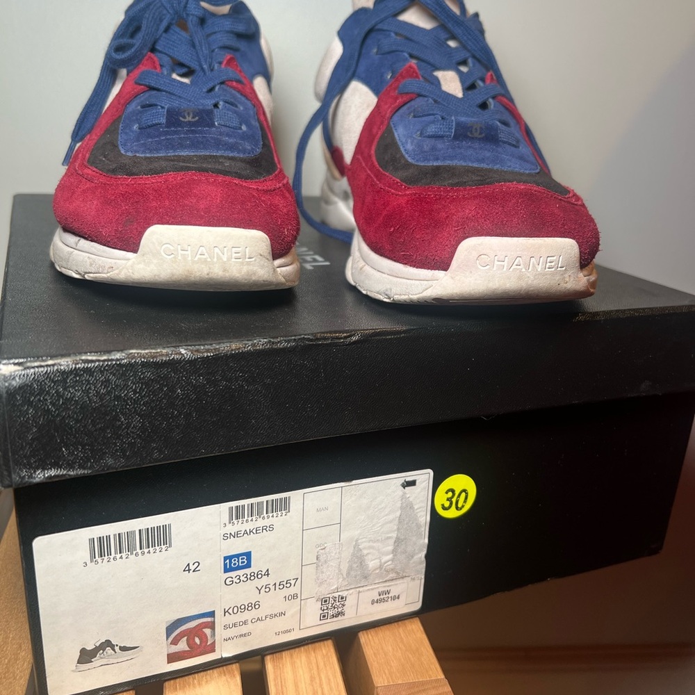 Chanel Calfskin Suede Mens Sneakers 42 Blue Red Beige - Picture 2 of 6